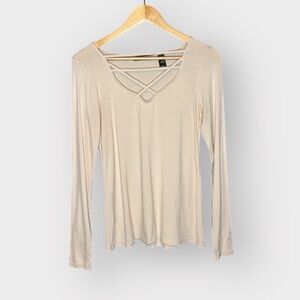 Red By BKE Buckle Small S Sexy Soft Stretch Strappy Bust Long Sleeve Top Cream